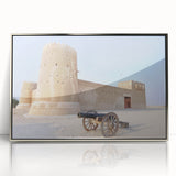 Mid-century modernist art depicting a Qatar scenery in silver framed acrylic, featuring pastel shades.