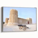Framed canvas landscape art depicting a vintage-style Qatar scenery in muted black and colorful tones.