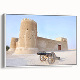 Vintage poster art of a Middle Eastern Qatar scenery on a framed canvas, featuring colorful art with black accents.