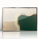 Mid-century modernist art depicting a silver-hued Saudi Arabian landscape on a framed acrylic.