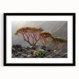 Abstract art print featuring textured, colorful Middle Eastern scenery on a large black-framed canvas.