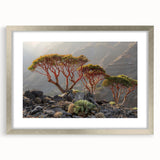 Textured abstract art print of a Middle Eastern landscape in muted earth tones on a framed canvas.