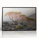 Large abstract wall art depicting a Middle Eastern landscape in muted earth tones, framed in black acrylic.