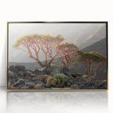 Mid-century modernist style large art print of a Middle Eastern landscape, framed in gold acrylic, using earthy tones.