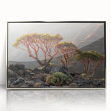 Mid-century modernist acrylic print of a Middle Eastern landscape in muted earth tones, ideal for modern art wall decor.