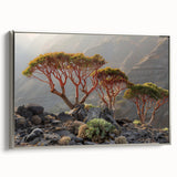 Framed canvas of a vintage-style landscape painting featuring a Middle Eastern scenery in muted earth tones.