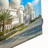 Large abstract wall art of Abu Dhabi skyline in muted earth tones on acrylic glass, ideal for dining room ambiance.