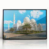 Large abstract wall art featuring a stylized Abu Dhabi skyline in muted gray tones on a framed acrylic panel.