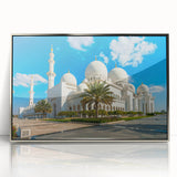 Mid-century modernist art depicting the Abu Dhabi skyline in muted silver tones on a framed acrylic print.