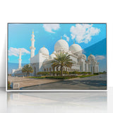 Art Deco poster of Abu Dhabi skyline in muted blue and white tones on acrylic framed print.