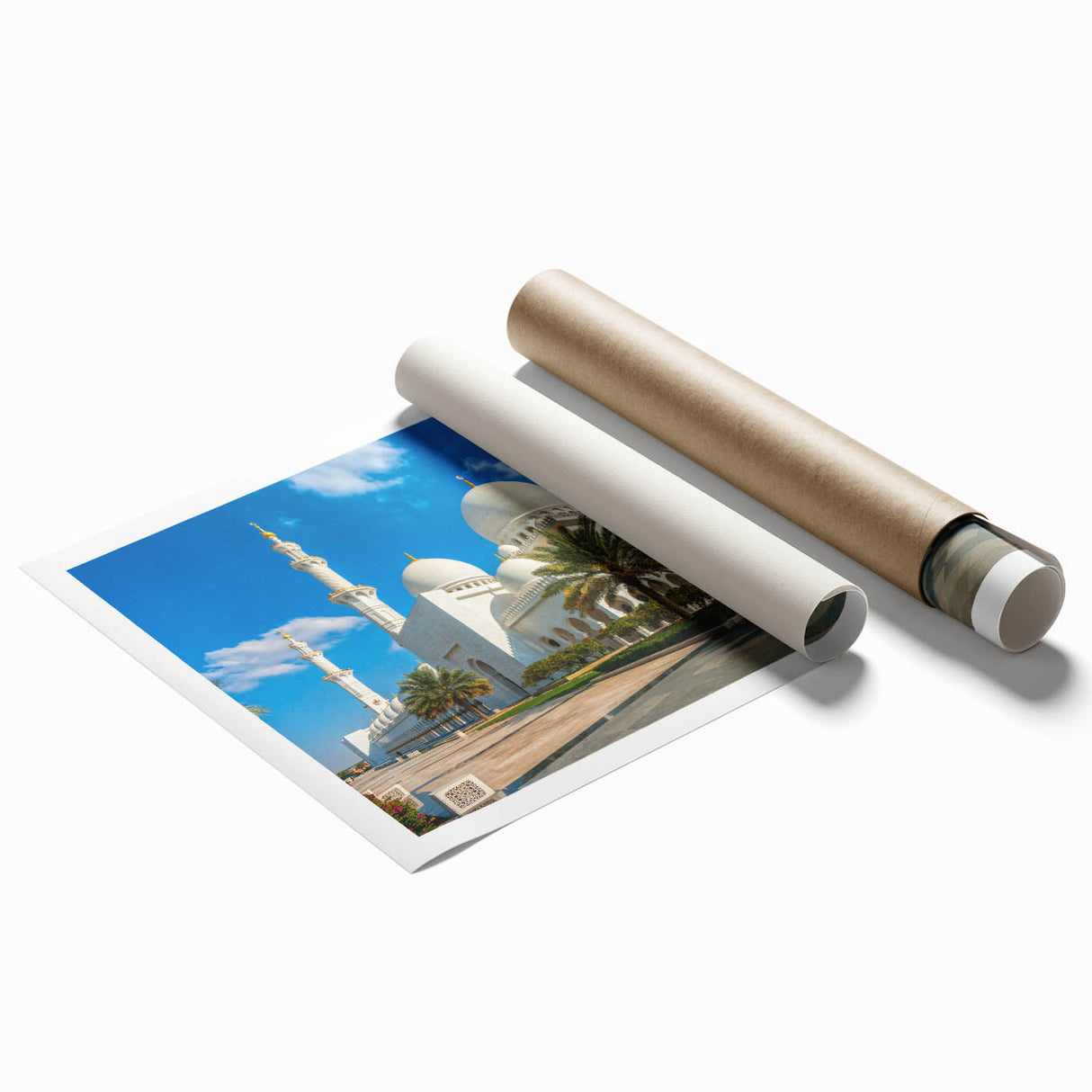 Extra large rolled print of Abu Dhabi skyline with soft pink and blue tones.
