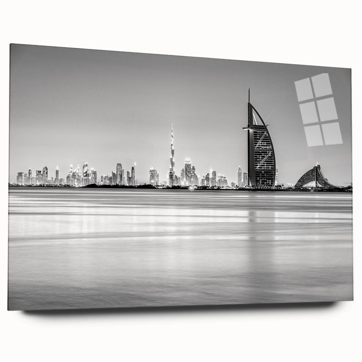 Large abstract wall art of Burj Al Arab in muted blue and gray tones on acrylic glass.
