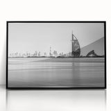 Large abstract wall art of Burj Al Arab in muted gray tones on a framed acrylic, suitable for modern living room decor.