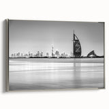 Framed canvas landscape art painting depicting the Burj Al Arab in muted black and silver tones.