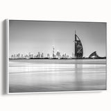 Vintage poster art of Burj Al Arab in colorful tones on extra large framed canvas, ideal for living room decor.