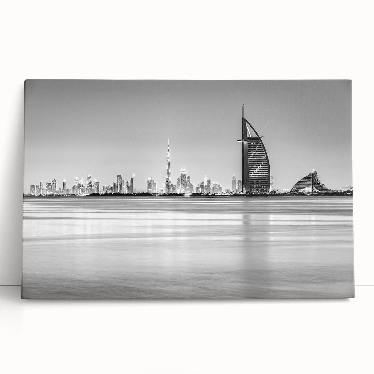 Black and white stretched canvas of the Burj Al Arab, ideal for kitchen wall art or bedroom ambiance.