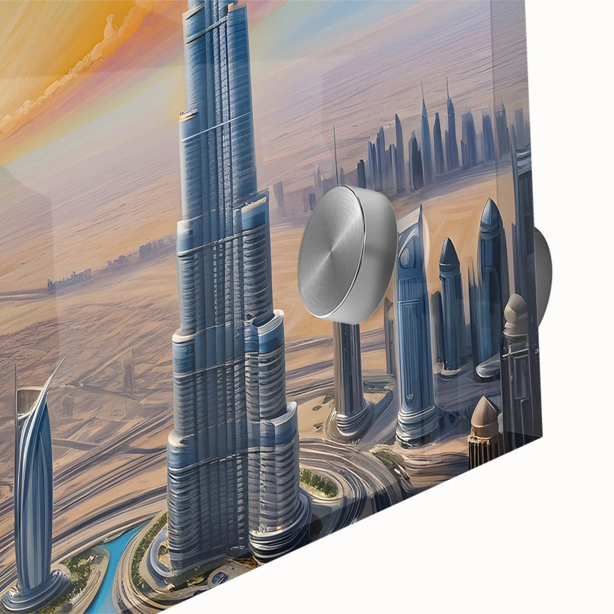 Acrylic print of a large abstract depiction of the Burj Khalifa in muted gray and blue tones, suitable for dining room art.