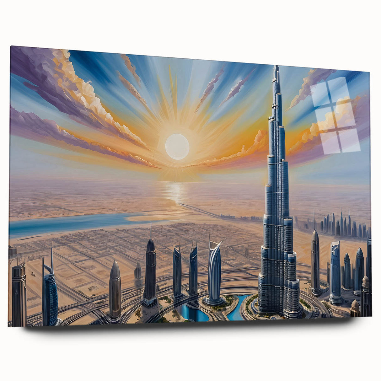 Acrylic print of the Burj Khalifa in muted metallic tones, ideal for modern bedroom or dining room decor.