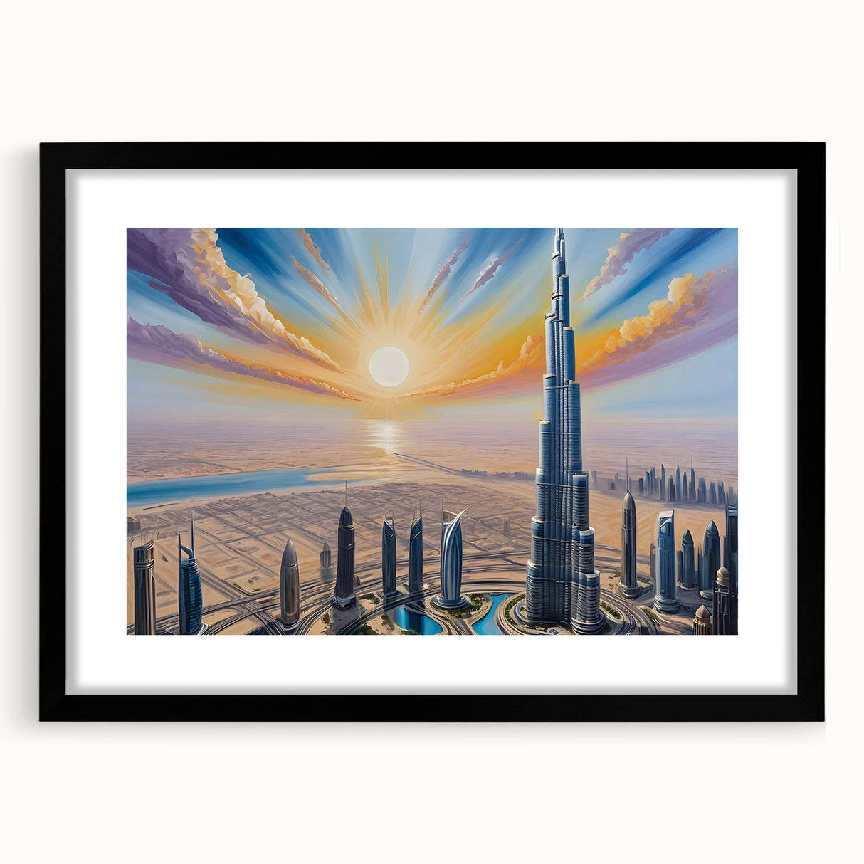 Abstract art print of Burj Khalifa in vibrant, colorful hues on a large textured canvas, ideal for living room decor.