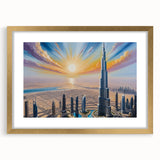 Extra large abstract art print of Burj Khalifa in textured gold frame, ideal for living room decor.