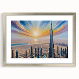 Textured art print of Burj Khalifa in muted grays, ideal for modern bedroom decor, framed with a silver mat.