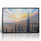Large abstract wall art of the Burj Khalifa in muted black and gray tones, framed in acrylic.