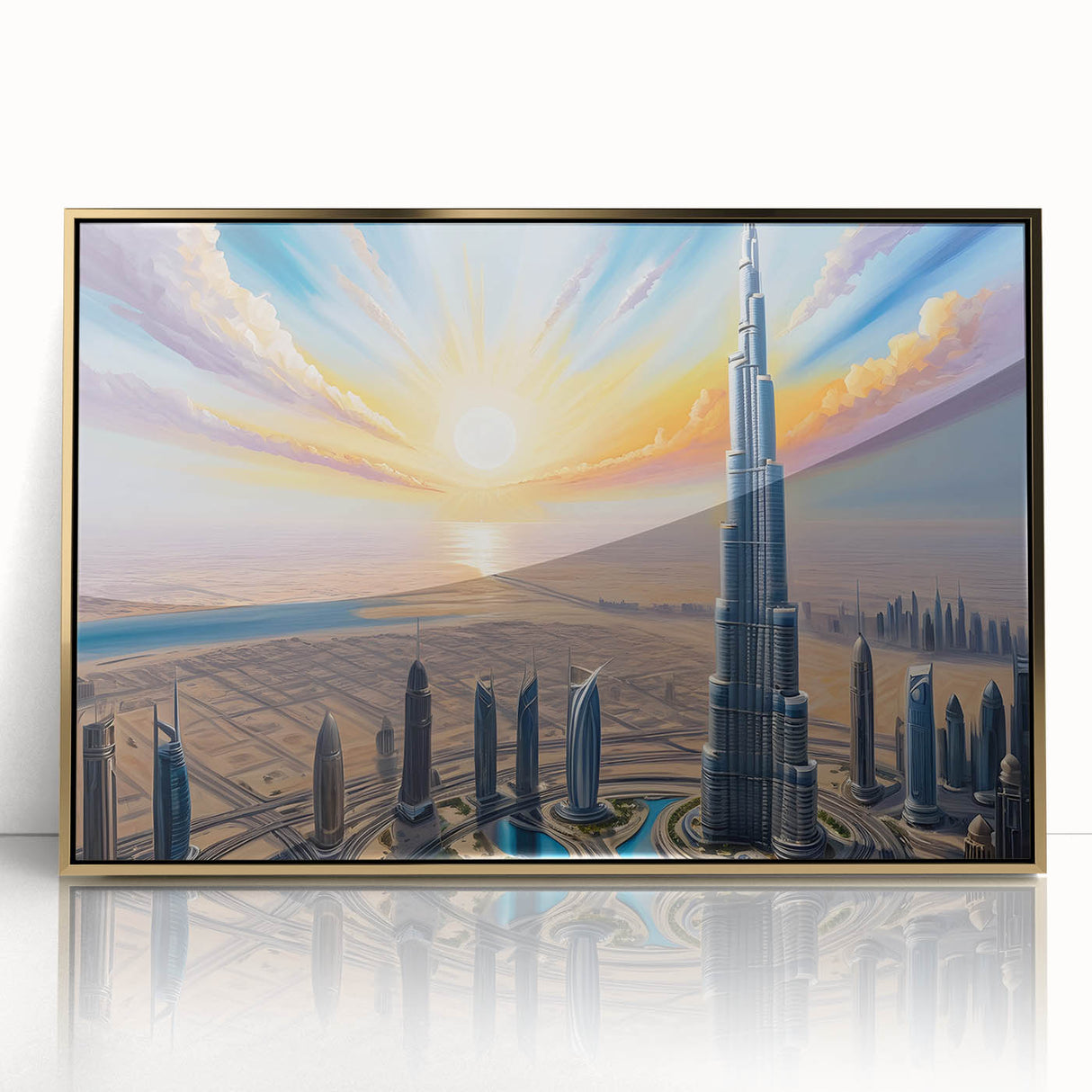 Large art print of Burj Khalifa with gold accents on framed acrylic, in mid-century modernist style.