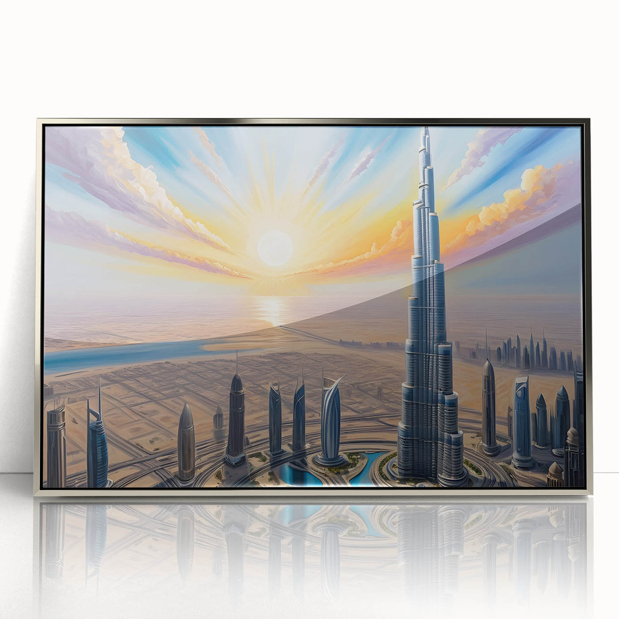 Mid-century modernist art of Burj Khalifa in muted silver tones on a framed acrylic, suitable for modern art wall decor.
