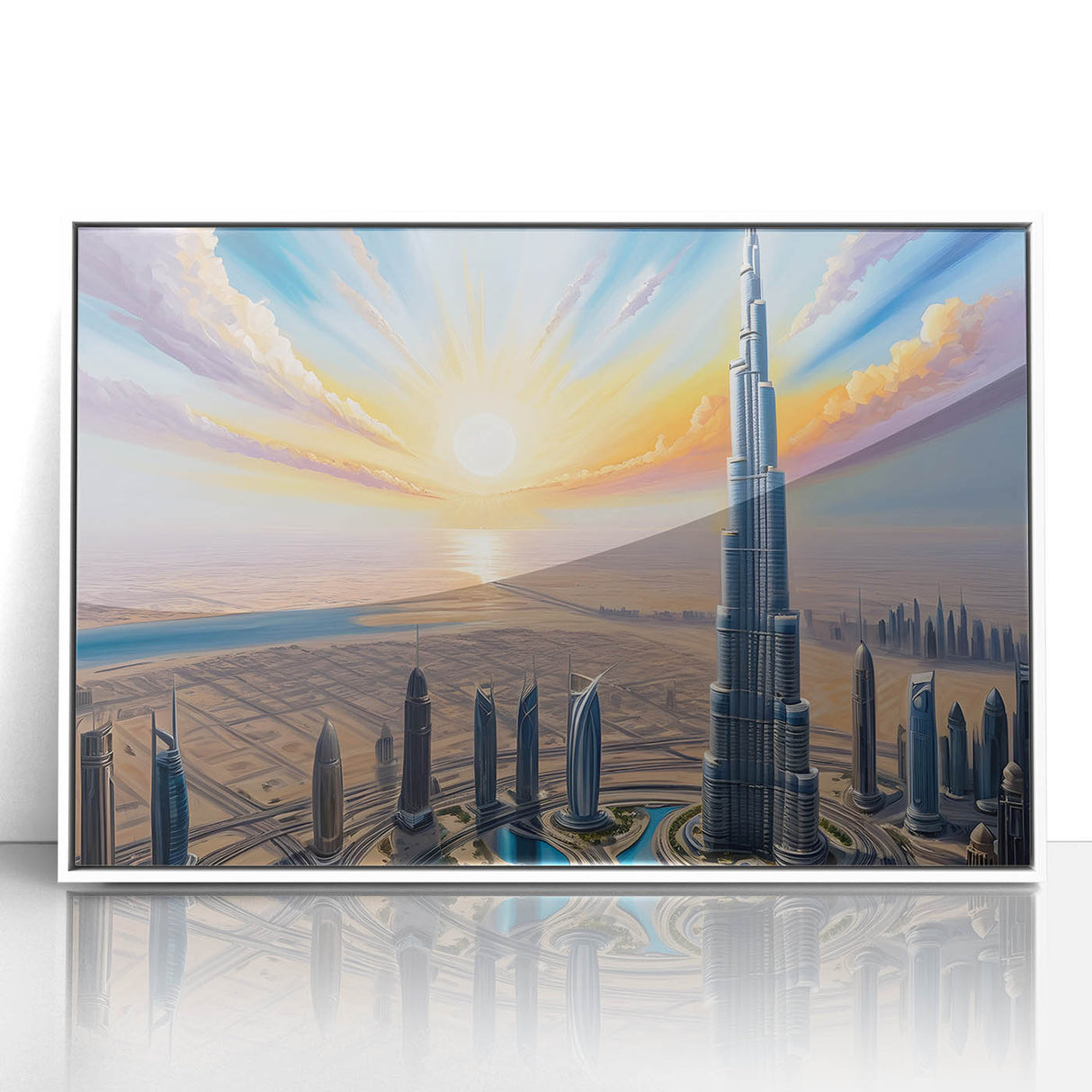 Art deco poster of Burj Khalifa in muted gray tones, framed acrylic, ideal for modern art wall decor.