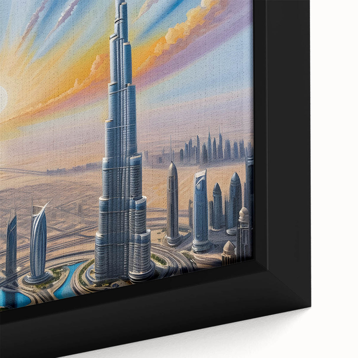 Extra large framed canvas featuring a textured depiction of the Burj Khalifa in black with colorful accents.