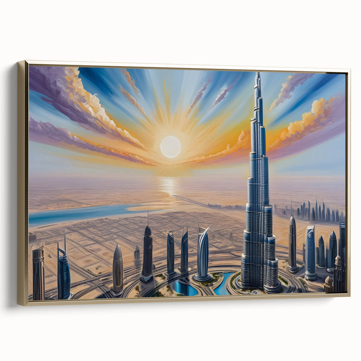 Framed canvas wall art depicting the Burj Khalifa with gold accents, ideal for bedroom decor.