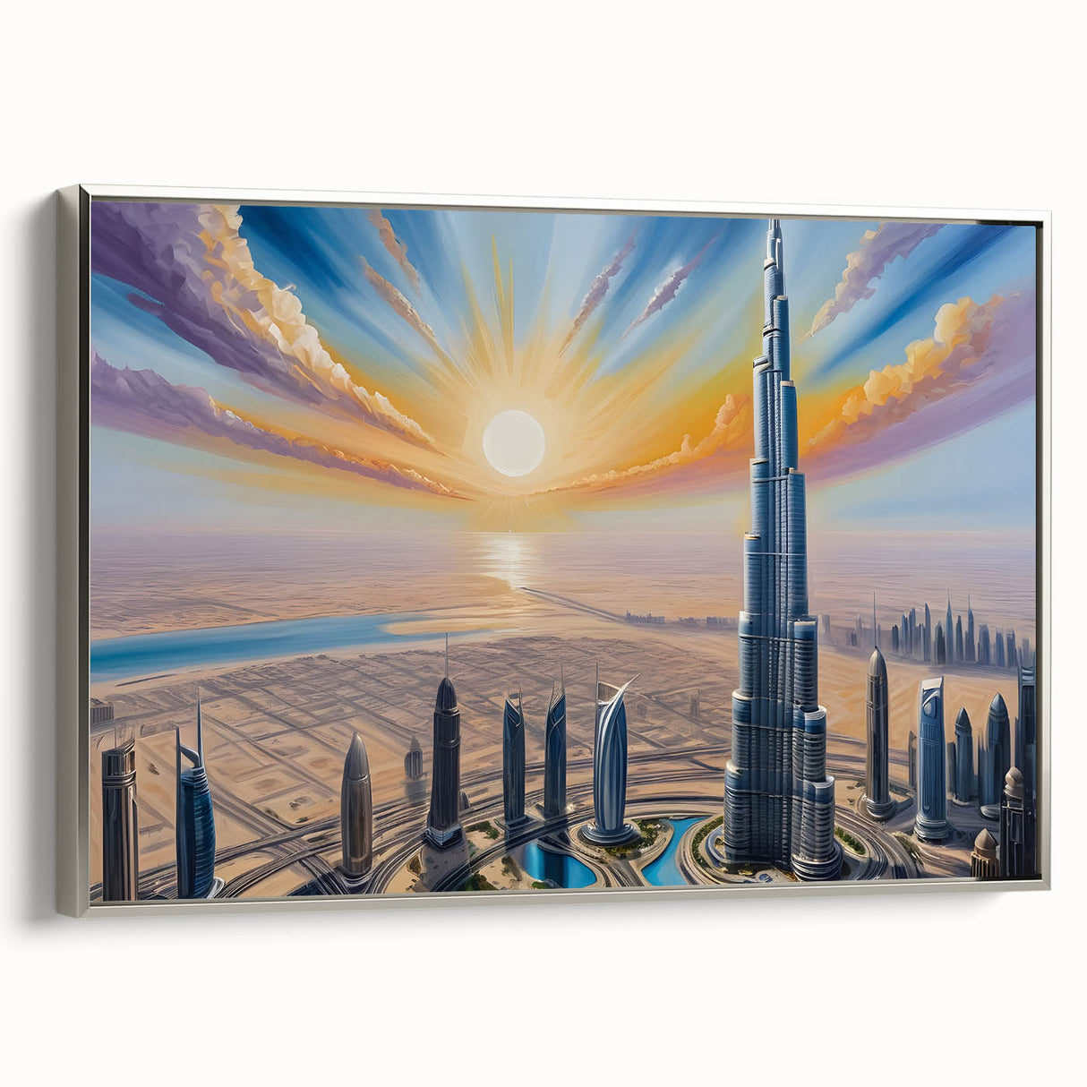 Framed canvas of the Burj Khalifa in a vintage poster style with a black and colorful art palette, ideal for office decor.