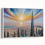 Vintage poster art of Burj Khalifa in colorful hues on extra large framed canvas, ideal for living room decor.