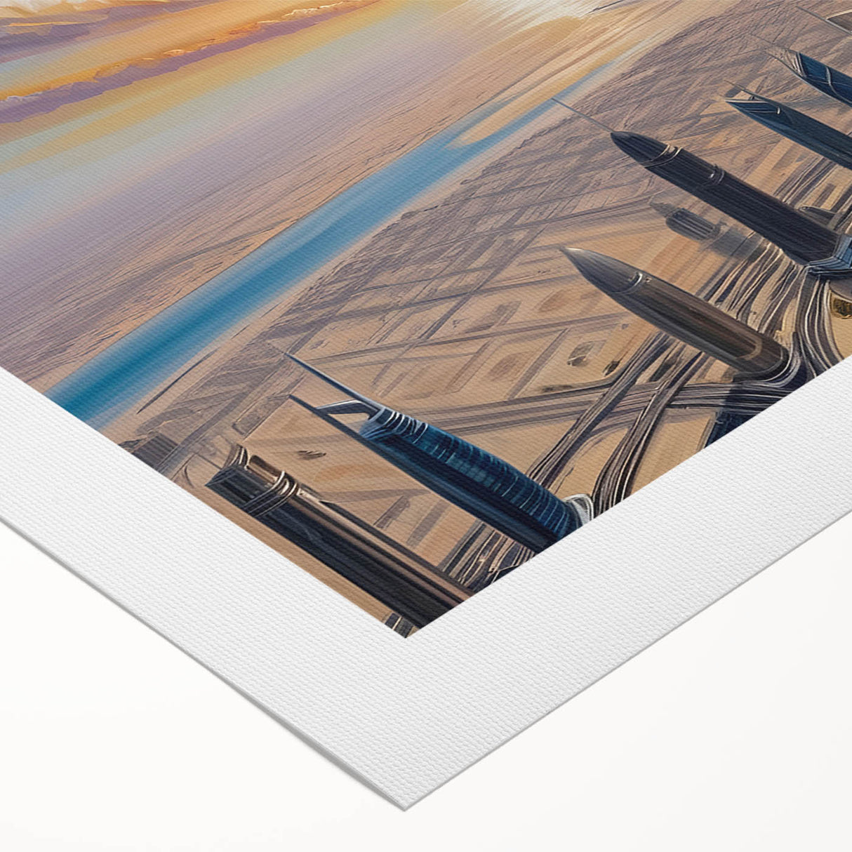 Art deco poster of Burj Khalifa on a rolled canvas, featuring muted metallic tones, ideal for dining room wall art.