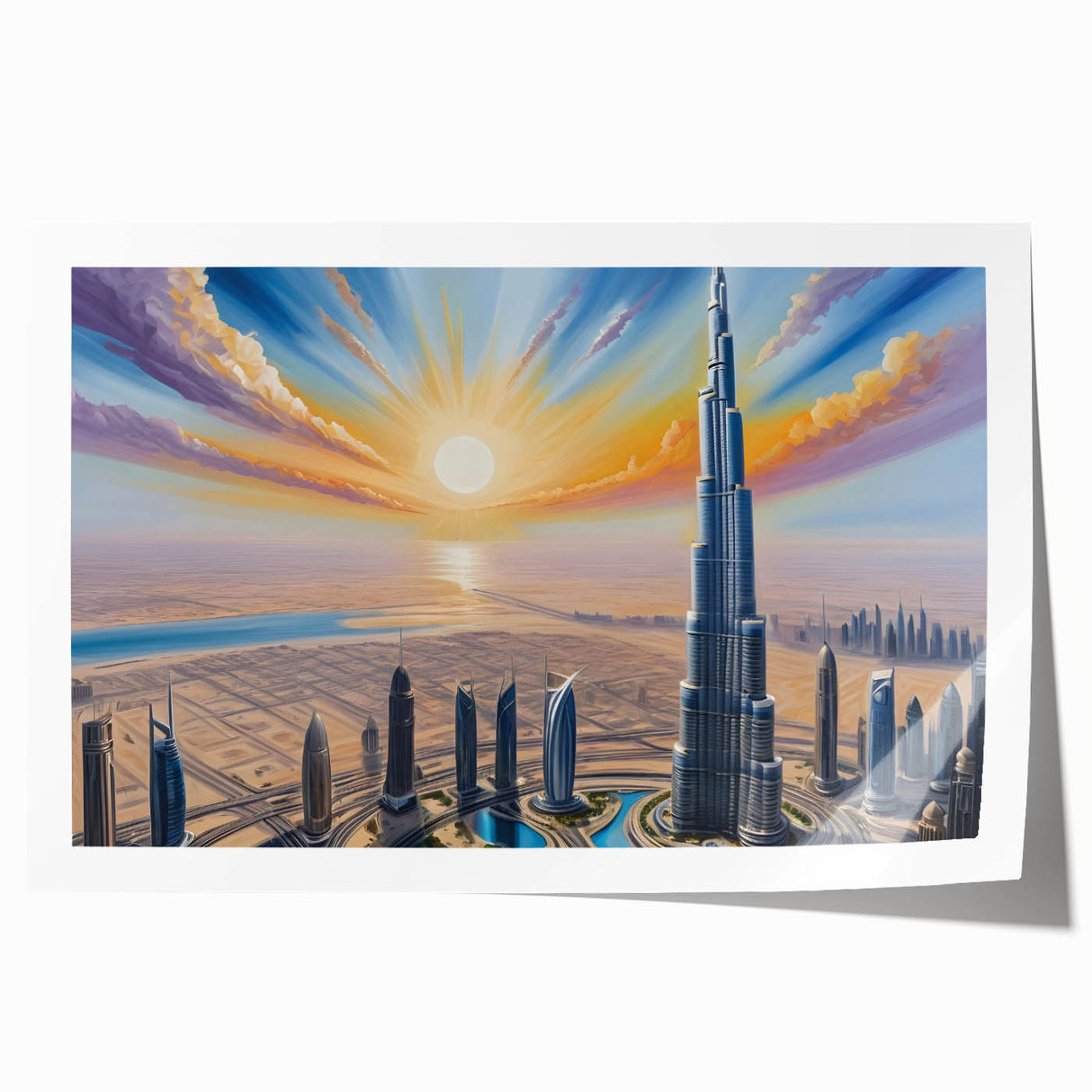Extra large rolled print of Burj Khalifa at dusk in muted gray and blue tones, ideal for art wall dining room.