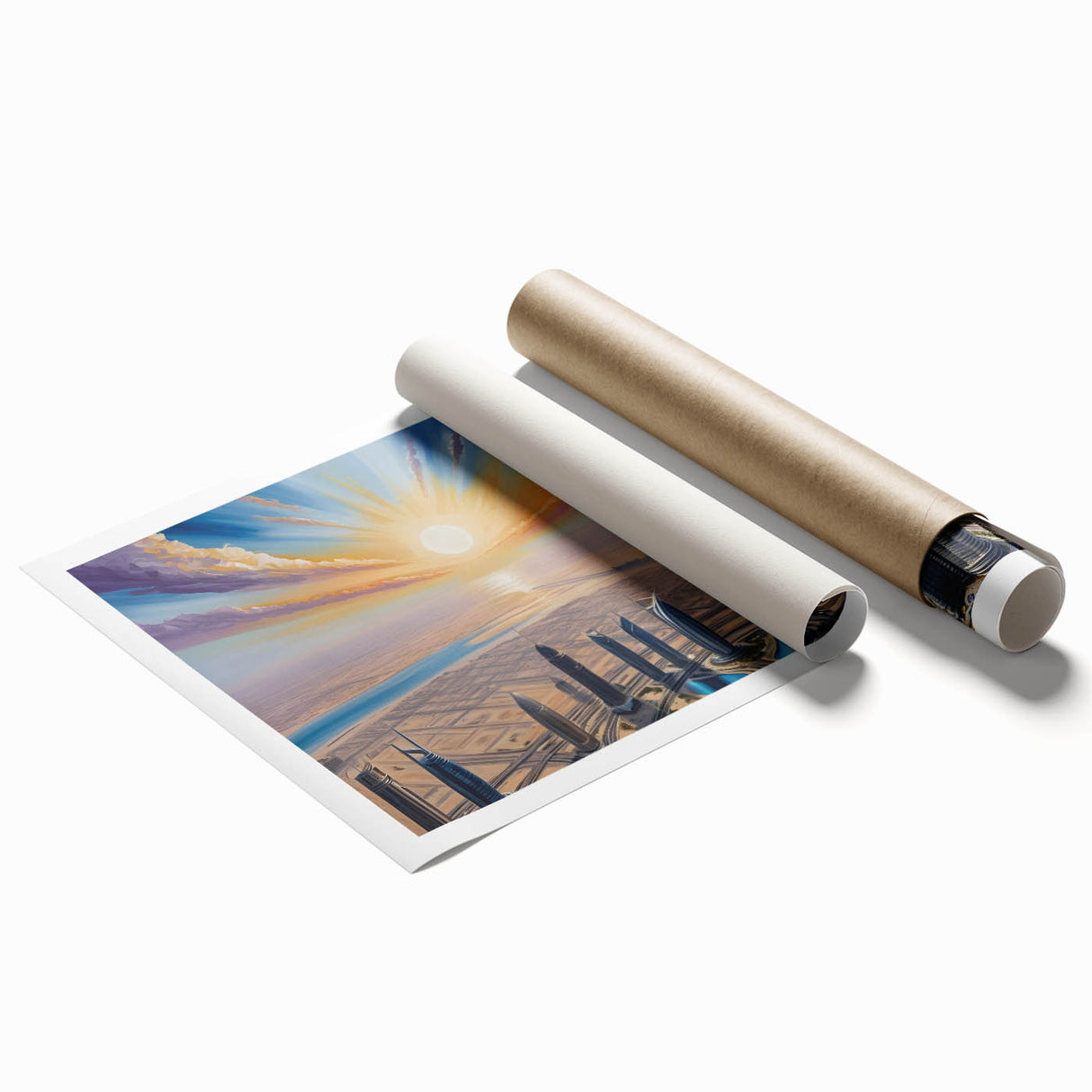 Extra large rolled print of the Burj Khalifa amidst muted blue and gray tones, ideal for classy bathroom wall art.