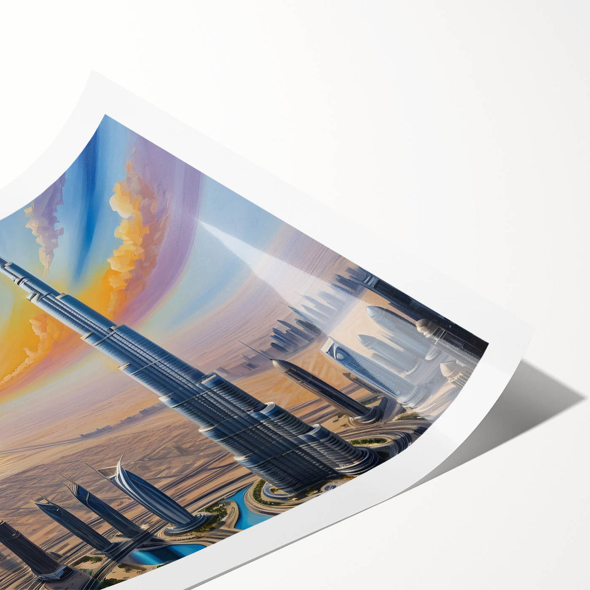 Extra large wall art featuring line art flowers and the Burj Khalifa in muted earth tones on a rolled print.
