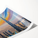 Extra large wall art featuring line art flowers and the Burj Khalifa in muted earth tones on a rolled print.
