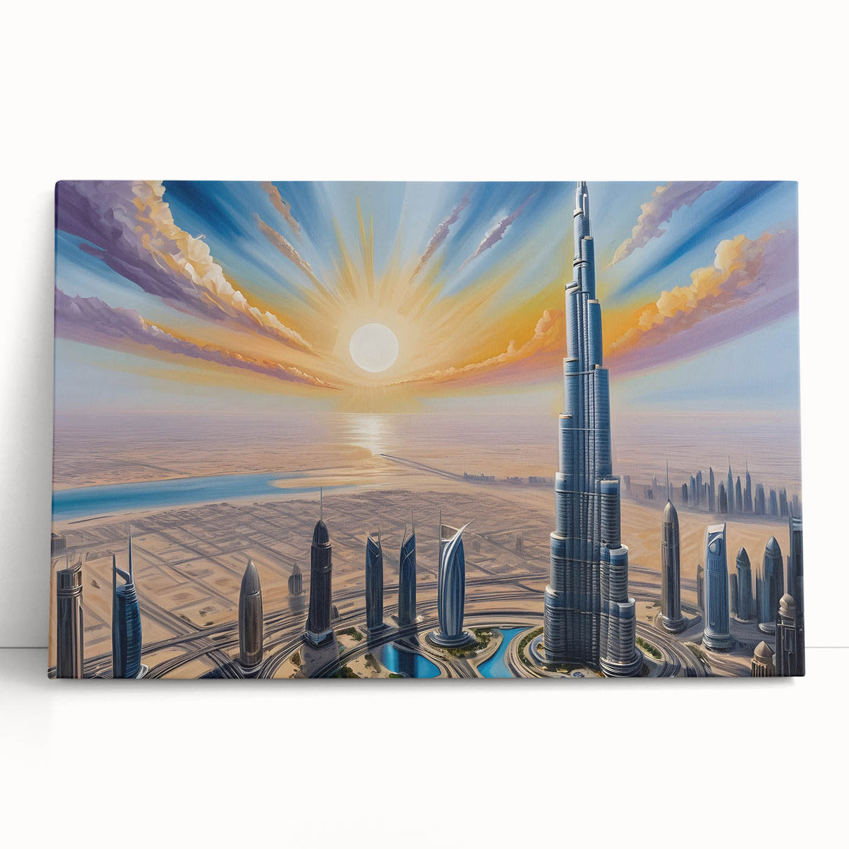 Black and white stretched canvas of the Burj Khalifa skyline, ideal for kitchen wall art or bedroom ambiance.