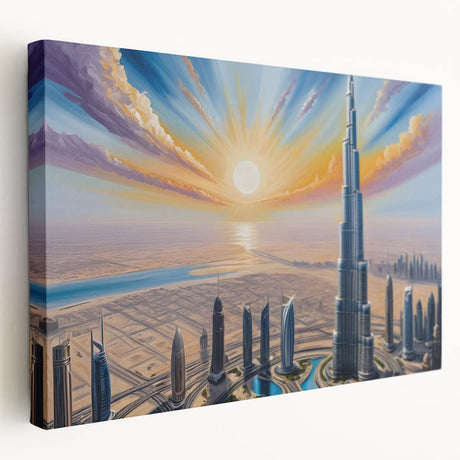 Side view of a large stretched canvas featuring the Burj Khalifa in muted earth tones, ideal for kitchen wall art.
