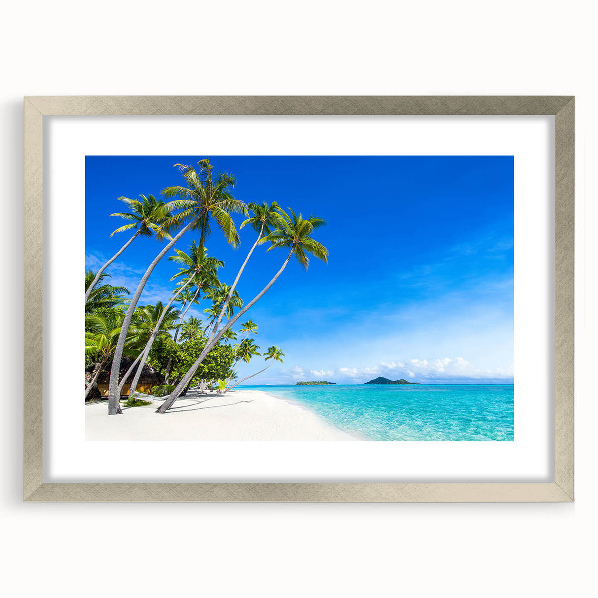 Textured abstract art print of a serene Oceania Fiji scenery in muted blue and green, framed in silver.