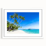 Abstract art print of oceanic scenery in Fiji, with muted blue and green tones on a white-framed canvas.
