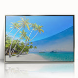 Mid-century modernist art depicting a serene Fiji landscape in acrylic, framed in silver, ideal for nursery wall decor.