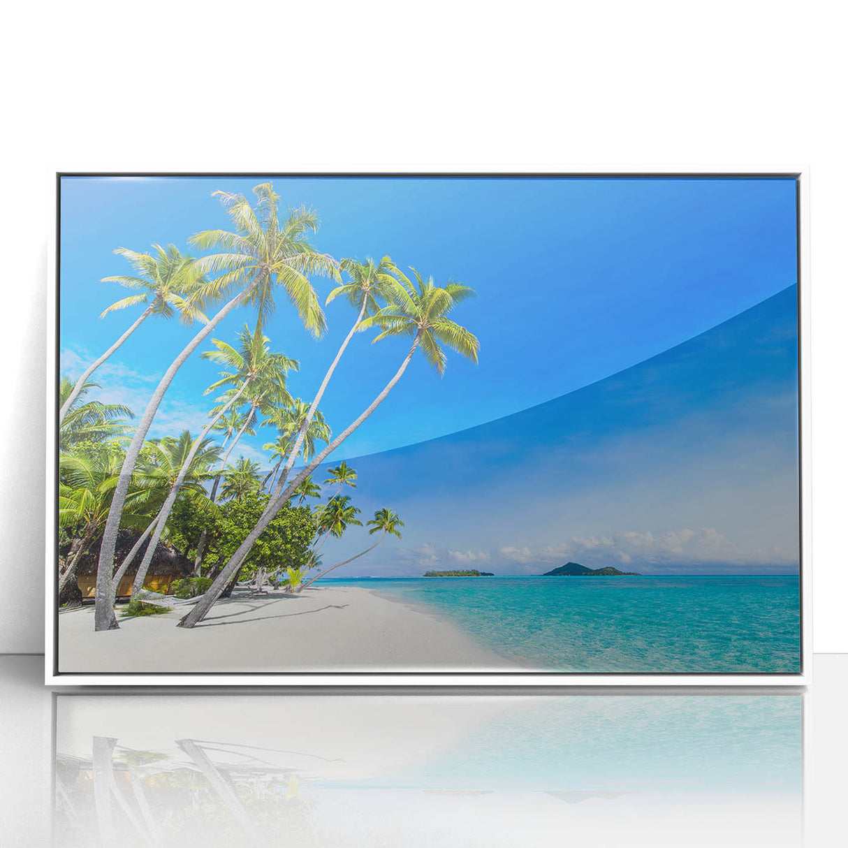 Art deco style poster of a serene Fiji landscape in soft blue tones, framed in white acrylic.