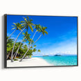 Black and white landscape art of a Fiji scenery on framed canvas, ideal for bedroom wall decor.