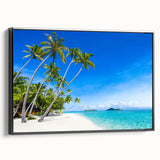 Black and white landscape art of a Fiji scenery on framed canvas, ideal for bedroom wall decor.