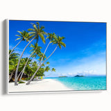 Vintage poster art of a scenic Fiji coastline on a framed canvas, featuring vibrant blue and green tones.