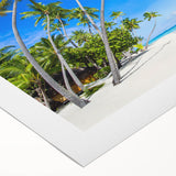 Art deco poster of a tranquil Fiji coastline in soft blue and green hues on rolled canvas.