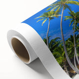 Art Deco poster of a tranquil Fiji beach scene on rolled canvas, featuring soft blue and sandy hues.