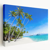 Side view of a stretched canvas featuring an oceanic Fiji scenery with serene blue and green tones.